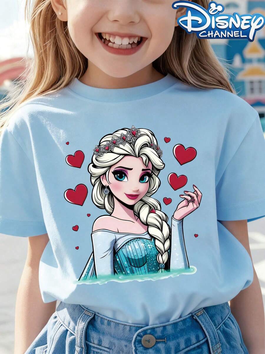 [Authorized] Frozen Elsa Print Disney Girls' Summer Round Neck Casual T-Shirt, Slightly Stretchy Fabric, Suitable For Birthday Gifts, Ideal For Daily Activities, Sports, And Travel, Summer T-Shirts For Girls - Màu xanh nhạt - Xem 1