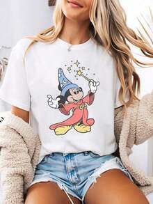 Camiseta estampada para mujer con un diseño minimalista de  y un estampado de dibujos animados de inspiración vintage. Esta camiseta de verano de cuello redondo está confeccionada con un tejido suave y cómodo 100% algodón, perfecta para el uso diario, actividades al aire libre o ir de compras. También es una opción ideal para el atuendo de vacaciones de las mujeres. - Blanco - Ver 8