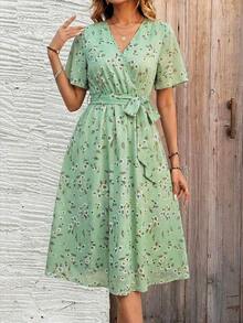 Vestido casual de vacaciones con estampado de plantas y manga corta para mujer - Gris - Ver 3