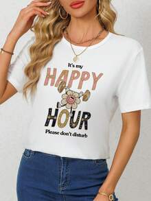 Tops casuales de primavera y verano para el uso diario |   Camiseta estampada, de manga corta, cuello redondo, estilo casual - Ropa de moda para mujer para el día a día, talla estándar B1. Top de manga corta cómodo y versátil. - Blanco - Ver 12