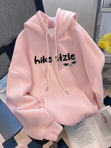 Women's Kangaroo Hoodie With Cat Face Print On Hood, Eyes And Ears, With Pocket And Hood, Premium Coat, Warm Fleece Sweatshirt - 淺粉色 - 查看 2