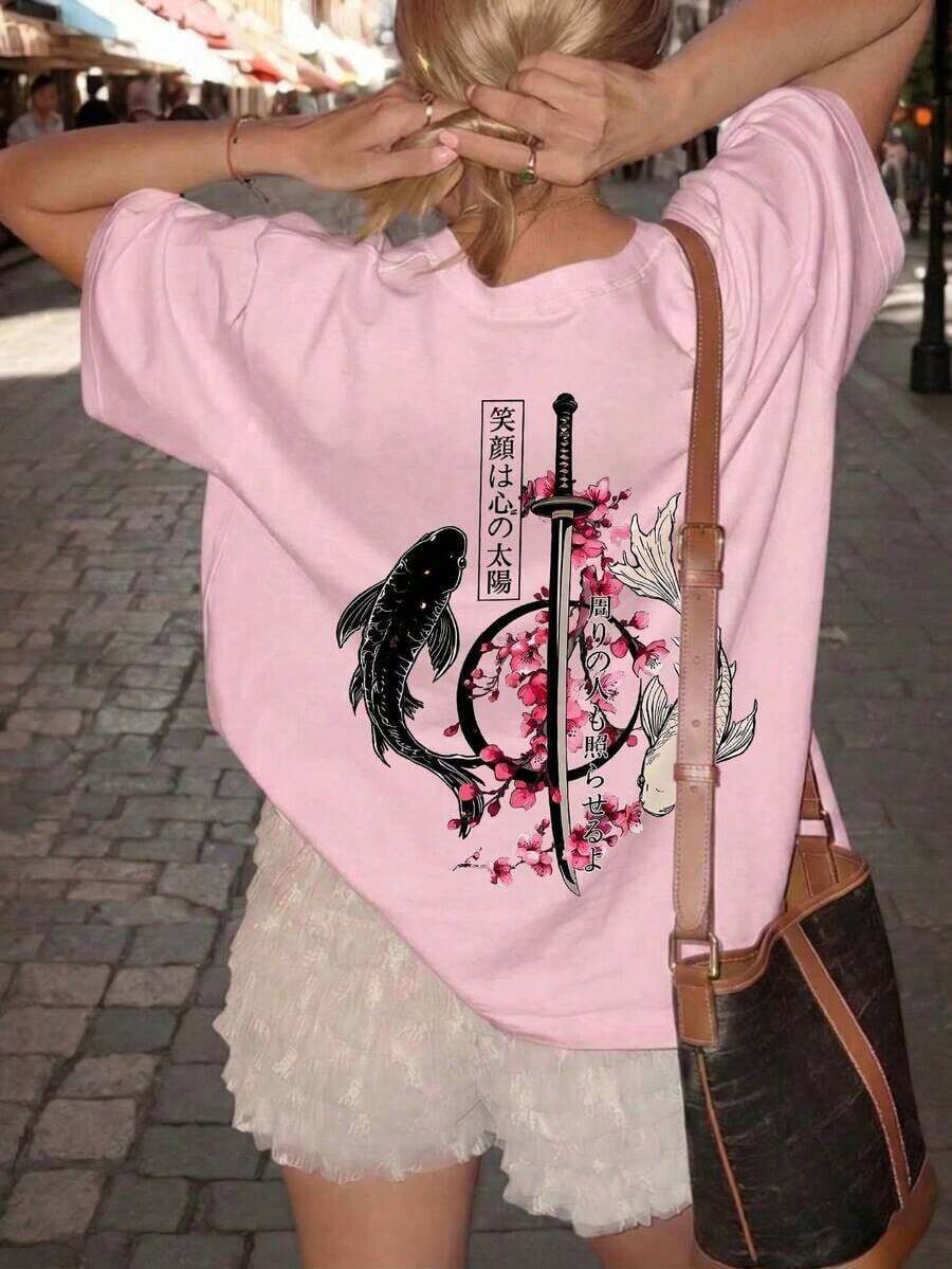 Women's Short-Sleeved T-Shirt With Round Neck, White, With Japanese Koi Fish Design, Casual And Versatile, Suitable For Daily Wear, Vacation, Summer Pink Color. - Pink - View 1