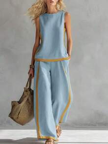 Women's Linen Blend Color Block Two-Piece Set With Sleeveless Top And Wide Leg Pants - màu xanh lá - Xem 6