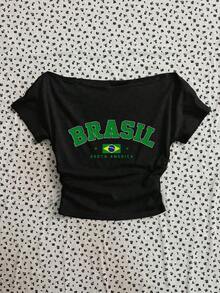 Camiseta blanca de manga corta, ajustada, con hombros descubiertos y fruncido en la cintura, estilo casual, adecuada para el verano, con estampado de leopardo y cereza - Negro 2 - Ver 4