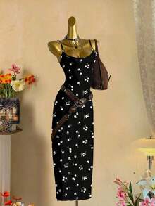 Vestido de tirantes ajustado con estampado floral minimalista y casual, adecuado para verano, vacaciones y playa - Multicolor - Ver 5