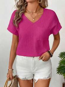 Blusa de mujer de algodón con doble capa y cuello en V de manga corta - Rosa Fucsia - Ver 5