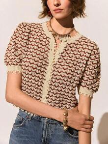 Nueva llegada Primavera/Verano Blusa de punto de manga corta con estampado de rayas retro francés, patchwork y calado para mujeres - Multicolor - Ver 8