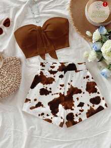 Conjunto de 2 piezas de top tubo corto anudado y shorts con estampado de plantas tropicales para vacaciones de verano de mujer - Multicolor 7 - Ver 8
