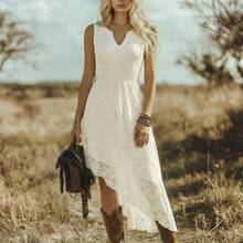 guangzhougaolangshangmao  Vestido midi elegante y ajustado con encaje, estilo bohemio de vacaciones y festival occidental para mujeres - Blanco - Ver 6