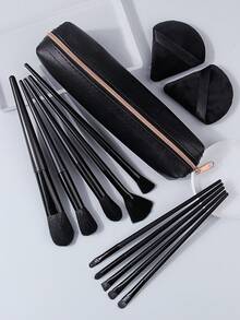 13PCS Black Makeup Brush Set With Bag&Powder Puffs, Professional Brushes For Foundation, Eyeshadow & Blush, All-In-One Kit - Black - View 5