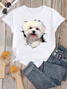 Camiseta de Mujer con Estampado de Perro Divertido y Moderno, Camiseta Deportiva Casual de Manga Corta y Cuello Redondo para Todas las Estaciones, Ropa de Mujer Hecha de Tejido Suave de Media Elasticidad, Lavable a Máquina, Tela Suave, Estilo Urbano Casual Adecuado para Usar Todo el Año - [Blanco] - Ver 2
