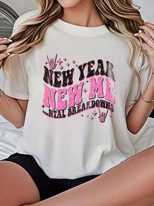 Women's Graphic Short Sleeve T-Shirts With Glitter Print And Hand-Drawn "New Year, New Me, Total Breakdown" Symbols In Pink - Perfect For New Year's Celebrations And Party Outfits - 220gtopsVintage - 白色 - 查看 5