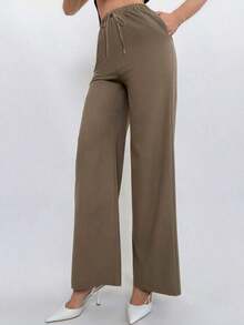2026 Conjunto de 2 piezas de top de cuello halter y pantalones en color café para mujer, estilo de uso diario - Caqui - Ver 11