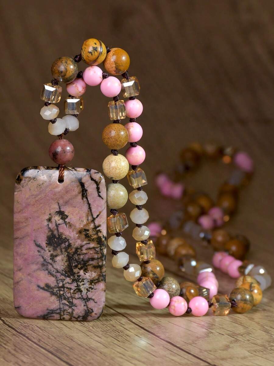 Boho Rhodonite Necklace Square Pendant Handmade Knotted Picture Stone & Rhodonite Long Necklace Vintage Luxury Geometric Pendant Chain - Multicolor - View 1