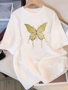 Camiseta Casual para Mujer, Holgada y de Corte Suelto, Adornada con Gráfico de Mariposa, Ideal para Vacaciones en la Playa y Conjuntos de Verano para Mujer, Tops de Verano para la Dama con Estilo, 100% Algodón, Resistente - Blanco - Ver 7