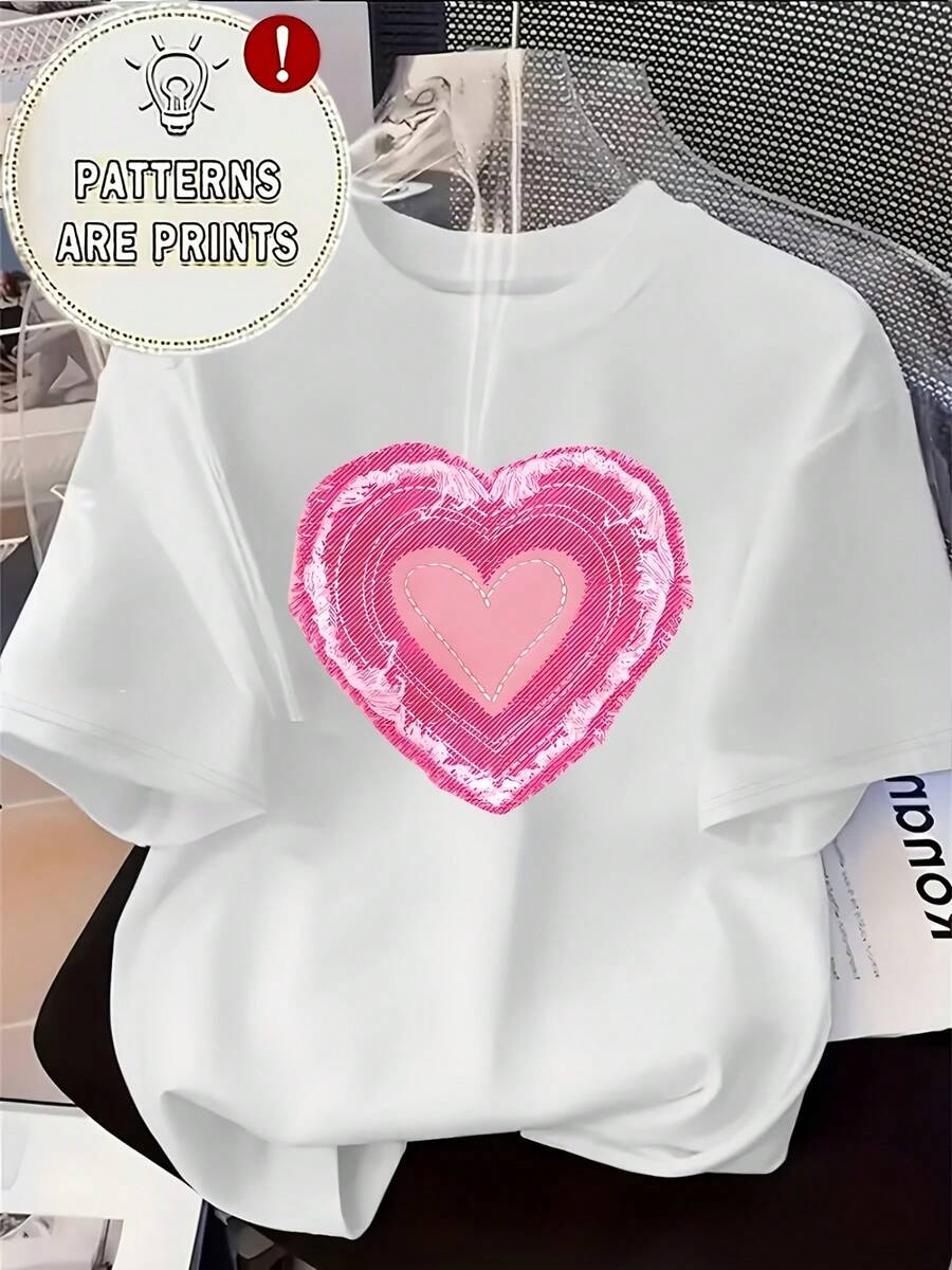 [Pantalones Estampados - No Tela de Imitación de Denim] 1 Camiseta de Mujer con Estampado de Corazón Rosa | Suave y Elástica, Cuello Redondo, Largo Regular | Tallas S-XXL - Blanco - Ver 1