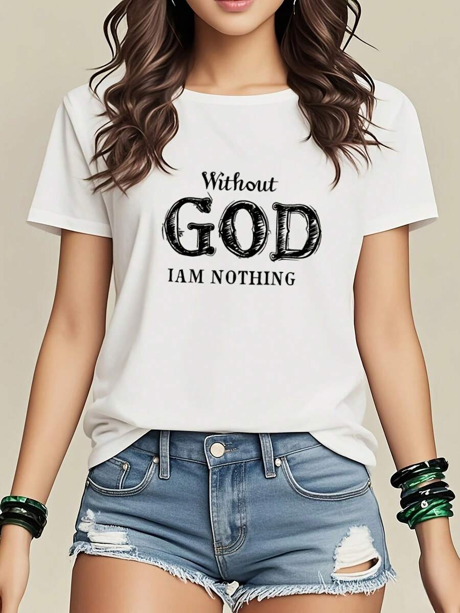Camiseta gráfica de manga corta para mujer "Sin Dios no soy nada" - Casual de cuello redondo, parte superior de primavera y verano, ligera y cómoda, ropa informal | Estampa juguetona | Camisa ligera - Blanco - Ver 1