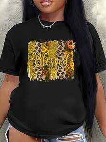Camiseta de manga corta, adornada con estampados florales y de leopardo auspiciosos, ligera y duradera, adecuada para el hogar, cafeterías o uso casual al aire libre.blusa casual mujer - Negro - Ver 1