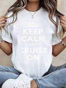 Camiseta de Cuello Redondo con Estampado "Keep Calm And Cruise On", Ropa Casual para Viajes y Actividades de Ocio - Estilo Urbano Vintage, Unisex, de Algodón, Manga Corta, 100% Algodón - Blanco - Ver 7