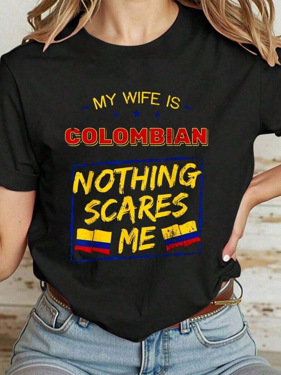 Camiseta Casual 100% Algodón para Mujer con la Bandera de la República de Colombia y la inscripción "Mi Esposa es Colombiana". - Negro - Ver 1