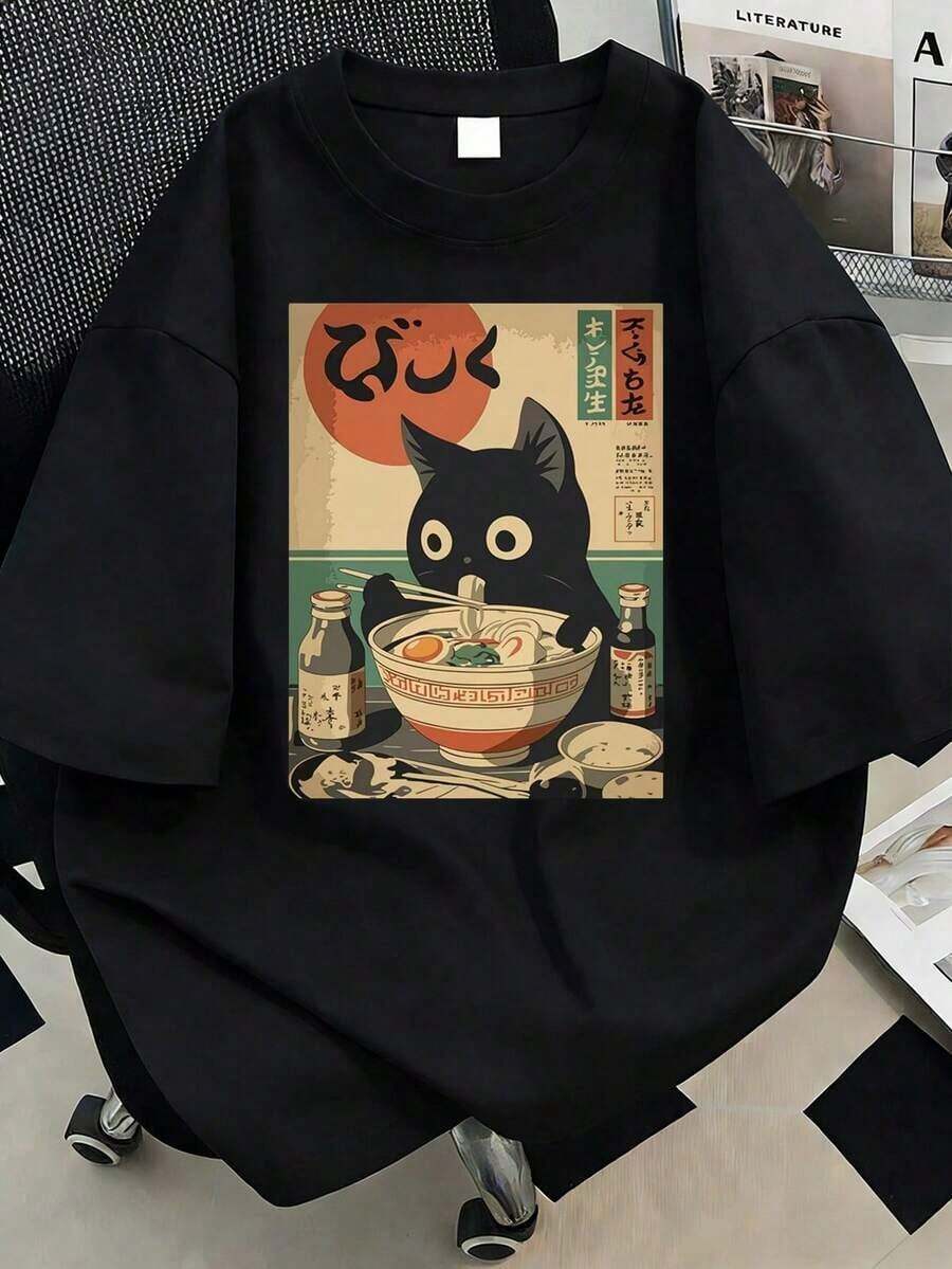 Women's T-Shirt With Black Cat Print, Round Neck, One Size Fits Most, Suitable For Holidays, Mother's Day, Valentine's Day, Daily Wear, Beachwear, Vacation Wear, Spring Wear, Everyday Wear, Wedding, Beach, Fitness, Graduation, Fashionable, Casual Summer Blouse - 黑色 - 查看 1