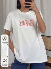 Camiseta de mujer de manga corta con cuello redondo y estampado de beso, adecuada para uso diario y ocasiones ocasionales, blanco verano Cuello Redondo Algodón 100% Tejido Suave Manga Corta Transpirable y Fresca - Blanco - Ver 3