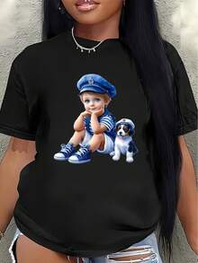 Camiseta de manga corta, ligera y duradera, con un estampado de cachorro adorable, es perfecta para descansar en casa o realizar actividades al aire libre, ofreciendo una experiencia de uso diario cómoda.blusa casual mujer - Negro - Ver 7