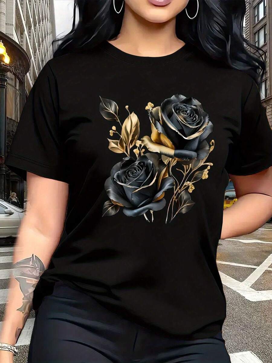 [Camiseta Vintage Rose] Una camiseta elegante y transpirable con un lujoso diseño vintage y un estampado de rosas negras y doradas - Perfecta para viajes en familia, eventos universitarios, uso casual, desplazamientos diarios, conjuntos a juego para hermanas y uso versátil. - Negro - Ver 1