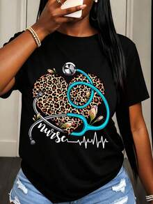 Camiseta de Enfermera para Mujer con Estampado de Corazón de Leopardo, Estetoscopio y Flores, Ropa Casual de Verano para Mujer - Negro - Ver 6