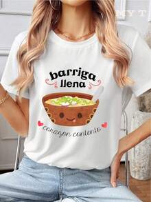 MYAZUL T 1PC Camiseta de Algodón Suave para Mujer con Diseño de Tazón de Sopa de Corazón Feliz y Vientre Lleno, Regalo Lindo para Amantes de la Comida, Ideal para San Valentín, Día de la Madre, Moda Cómoda y Casual, Perfecta para Todas las Estaciones, Tallas S M L XL - Negro - Ver 11