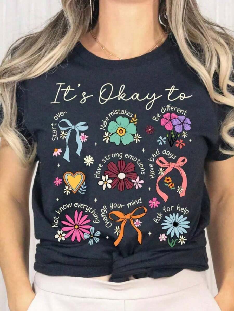 "It's OK To Feel This Way" T-Shirt, Mental Health Awareness T-Shirt, "Feelings Matter" T-Shirt, Therapeutic Support T-Shirt, Summer T-Shirts For Teens, Oversized T-Shirt For Women, Short Sleeve Crew Neck Loose Fit T-Shirt For Women, Suitable For Summer, 100% Cotton. - 黑色 - 查看 1