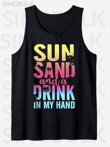 DRINK Print Tank Top, Men'S Cotton Crew Neck Sleeveless Tank Top, Casual Graphic Top For Summer - 黑色 - 查看 1