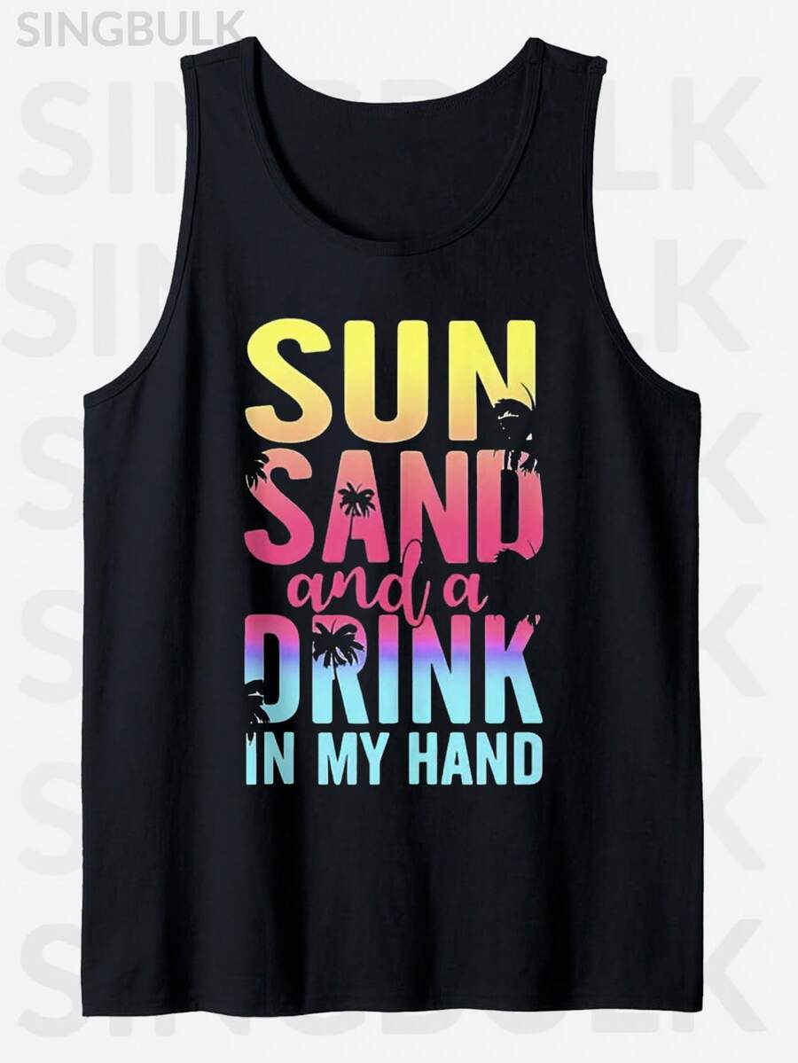 DRINK Print Tank Top, Men'S Cotton Crew Neck Sleeveless Tank Top, Casual Graphic Top For Summer - 黑色 - 查看 1