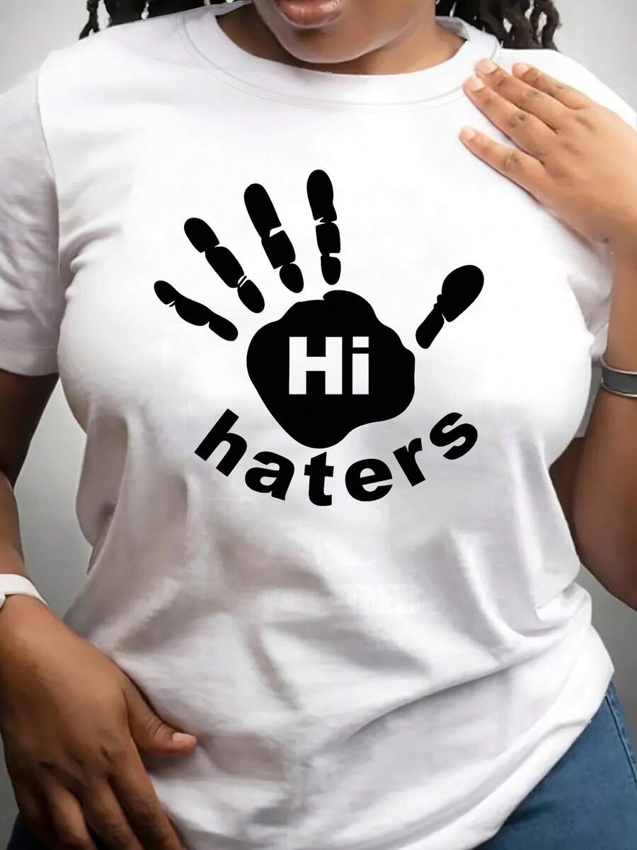 Playeras de Mujer Algodón Oversize Moda 2026 - Camiseta con estampado divertido "Hi Haters" para mujer - Manga corta, estampado de manos y silueta, camiseta casual de cuello redondo para primavera, verano, otoño, ropa casual. | Camiseta con Estampado Divertido | Tela de elasticidad media, cómoda y suave, sencilla para uso diario, camiseta de manga corta. - Blanco - Ver 1