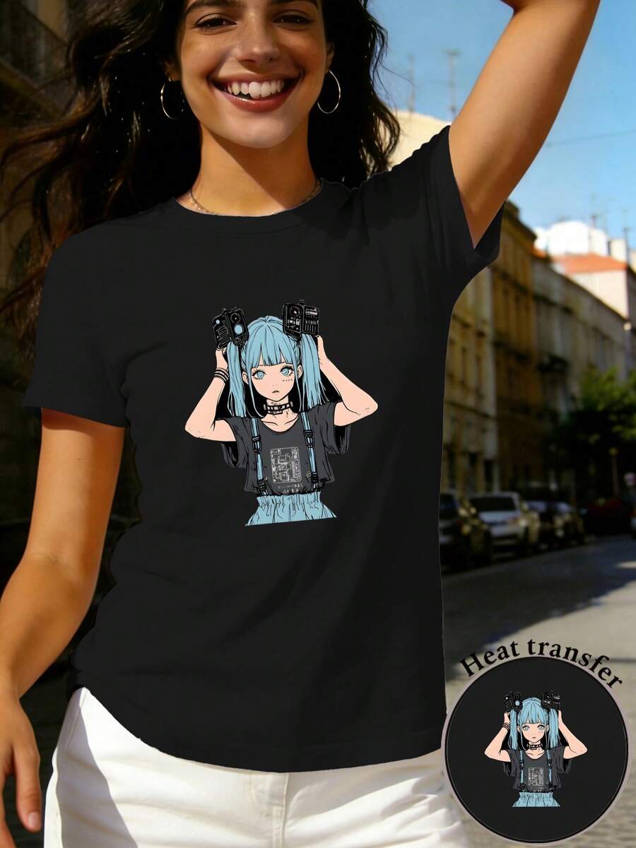 Camiseta unisex de manga corta, para mujerCortoMangaRegularAjusteCamiseta-2DGeométricoDibujoAnimeSosteniendoCámaraAzulCabelloGemeloColasDiseñoInformalCortoMangaRedondoCuelloSuperiorPara todas las estacionesVersátilMúltipleColoresYTallasDisponibleVacacionesModaRetroEstéticaTranspirableMplayerashombre, , , Dazymujer,romwehombres, bohochic,maestrasregalos,camisetaparaconjuntos de mujercon curvasparamu,y2k, - Negro - Ver 1