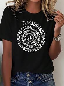 Women's Solid Color Patterns Pi Printed T-Shirt, Casual Short Sleeve Blouse, Versatile And Comfortable - Black - View 7