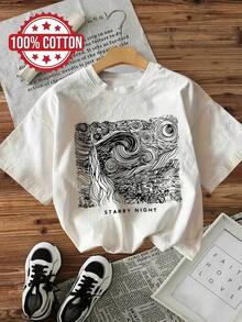 Camiseta de manga corta con estampado y cuello redondo suave - Blanco - Ver 6