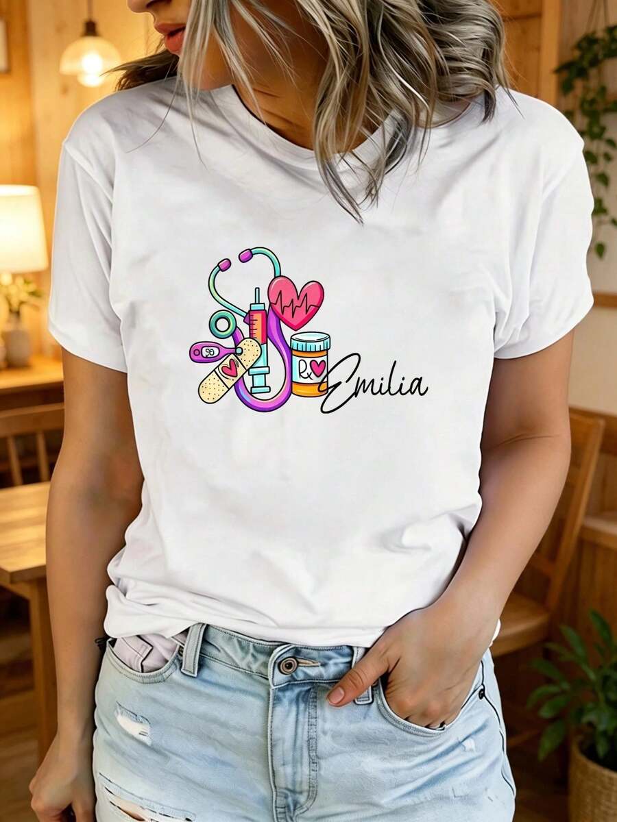 Camiseta de manga corta con cuello redondo para mujer, estampada, moderna y casual, lavable a máquina, ajuste cómodo, estampado plano 2D Blusas Para Mujer Casual. - Blanco_02 - Ver 1