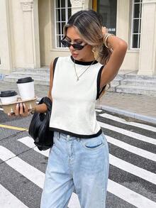 Blusa de punto sin mangas con espalda descubierta y ribete de contraste - Blanco - Ver 4