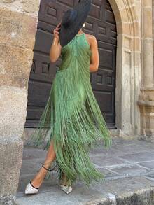 Elegant Long Dress With A Halter Neck And Fringe For Parties - Green - View 4