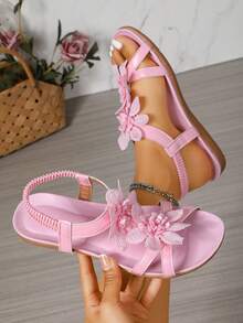 Women's Floral Decor Open Toe Elegant Sandals, Summer Fairy Tale Style Lightweight Vacation Sandals - Pink - View 3