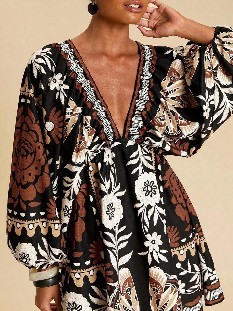 Vestido mini con escote profundo en V, bordado y calado para vacaciones de mujer - Multicolor 2 - Ver 1