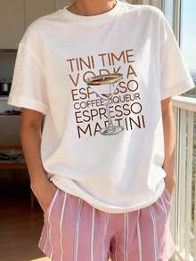 1 Piece Women's Graphic T-Shirt Tini Time Vodka Espresso Martini 100% Black, Relaxed Fit, Short Sleeve, Round Neck, With Colorful Cocktail Letters And Martini Design, Breathable Summer Casual T-Shirt, 180g 100% Cotton. - 白色 3 - 查看 8