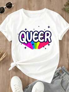 Queer Rainbow Print T-Shirt For Casual Wear And Sports Activities - Unisex Vintage Urban Style, 100% Cotton Short Sleeve Crew Neck T-Shirt - 白色 - 查看 3