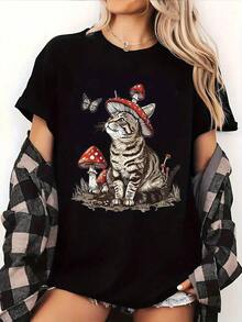 Camiseta Casual de Manga Corta para Mujer - Estampado Gráfico Divertido de Hongo Rojo y Gato con Mariposas, Tela Suave y Elástica, Cuello Redondo, Top Cómodo para Todas las Temporadas, Ropa Lavable a Máquina, Camiseta con Diseño Divertido. Adecuado como regalo.playera de mujer.blusas>elegante.boho chic,Top de mujer suave, transpirable y cómodo, ideal para primavera, verano y otoño, perfecto para vacaciones, viajes y uso diario. - Negro - Ver 6