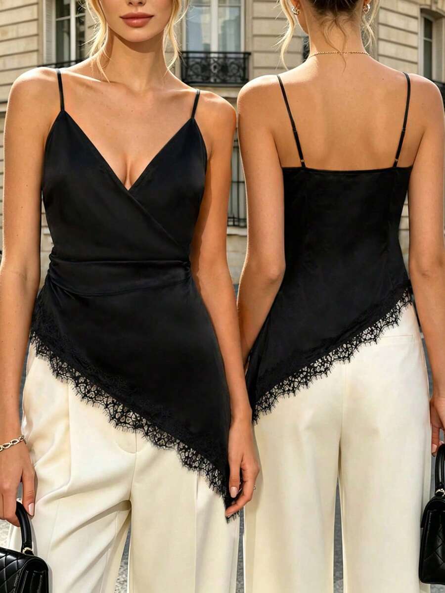 Áo hai dây satin thanh lịch, gợi cảm dành cho nữ, viền ren, thiết kế ôm sát cơ thể với vạt áo bất đối xứng, phù hợp cho hẹn hò và công sở. - màu đen - Xem 1