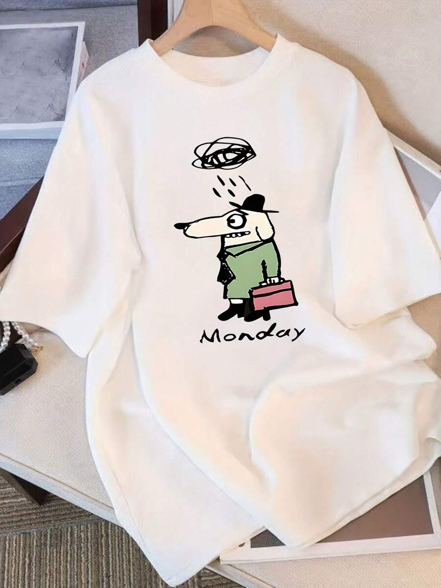 Women's Minimalist Casual T-Shirt, Fashionable Round Neck T-Shirt, Short Sleeve Printed Fashion Brand Top, Cute Creative Pure Cotton Short Sleeve Top For Women - 白色 - 查看 1