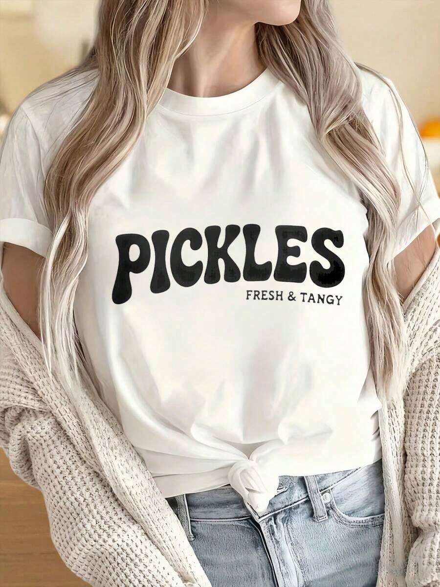 Women's And Men's Crew Neck Short Sleeve T-Shirts, Cool And Tangy Pickle Print T-Shirt, Casual Short Sleeve Graphic Design T-Shirt For Women, Fashionable T-Shirt For Pickle Lovers. Fun Prints Ideal For Christmas Parties, Sports Activities, Holiday Parties, Outings, Sports And Other Festive Gifts. - 白色 - 查看 1