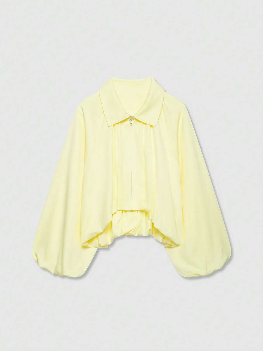 Women's Butter Yellow Turn-Down Collar Zipper Front Long Sleeve Flight Jacket - Yellow - View 1