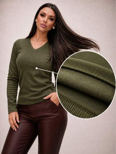 Manga Longa Peluciada Blusa Feminina Ribana Canelada Gola V Casual Elegante Chic Confortavel Quentinha  Moda Tendencia Outono Inverno 2026 Bordo